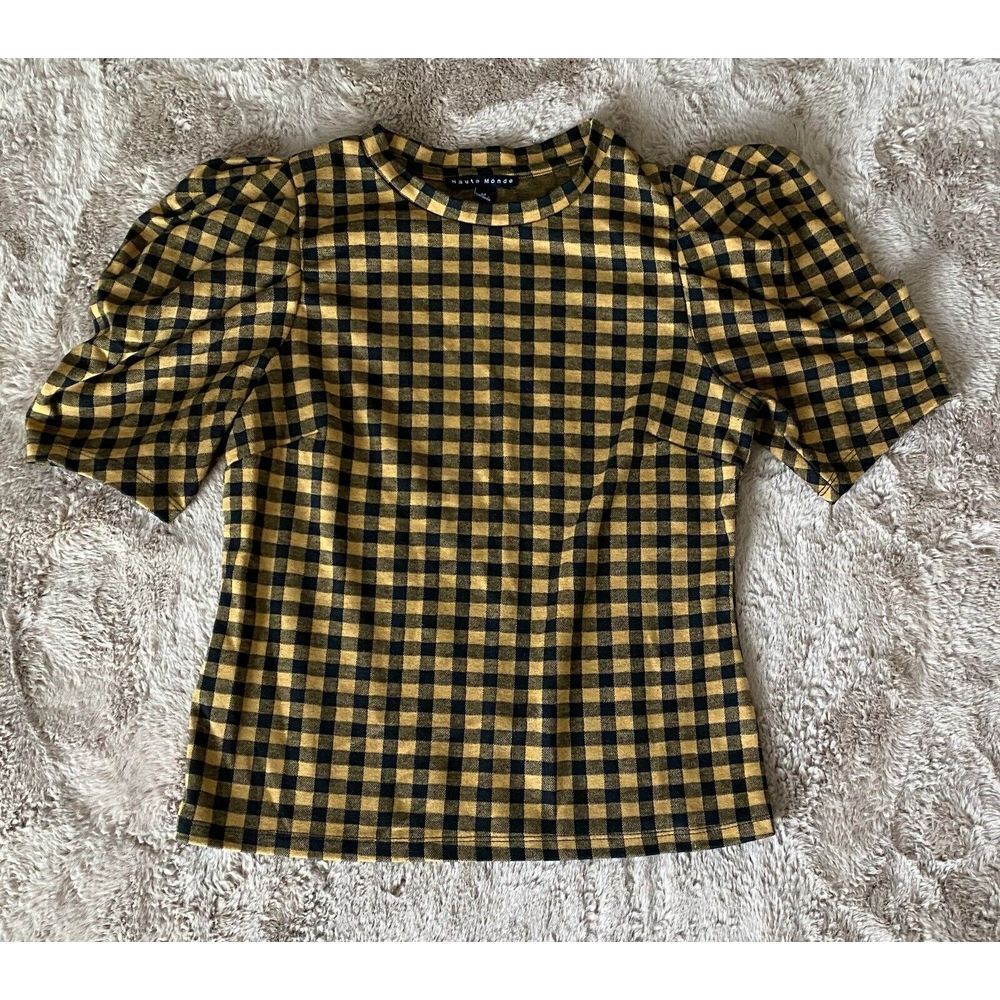 Haute Monde Vintage Checkered Plaid Blouse‎ Puffy Sleeves